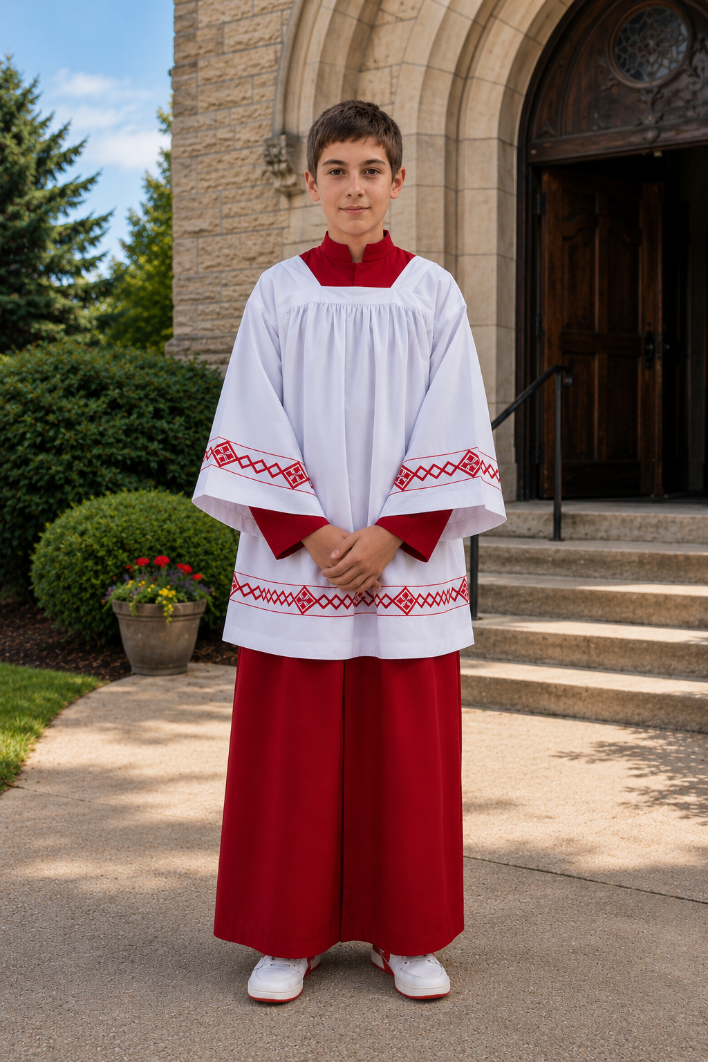Altar server surplice with red trim and a red cassock alb.