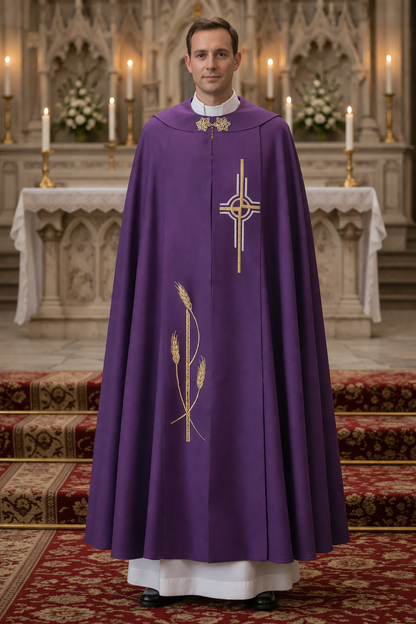Priest in a purple vestment with a cross and wheat design standing in front of an altar.