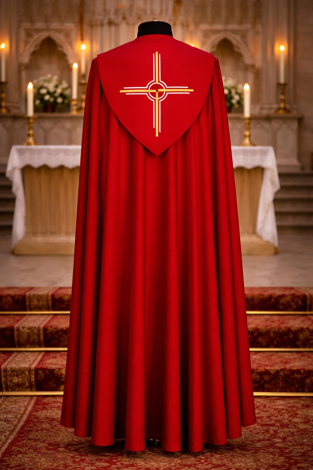 Red liturgical vestment with a cross emblem on a mannequin against a church altar background.