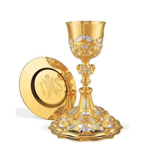 Chalice & Paten in baroque style, 10 1/4” Ht.  sold by The Clergy Store