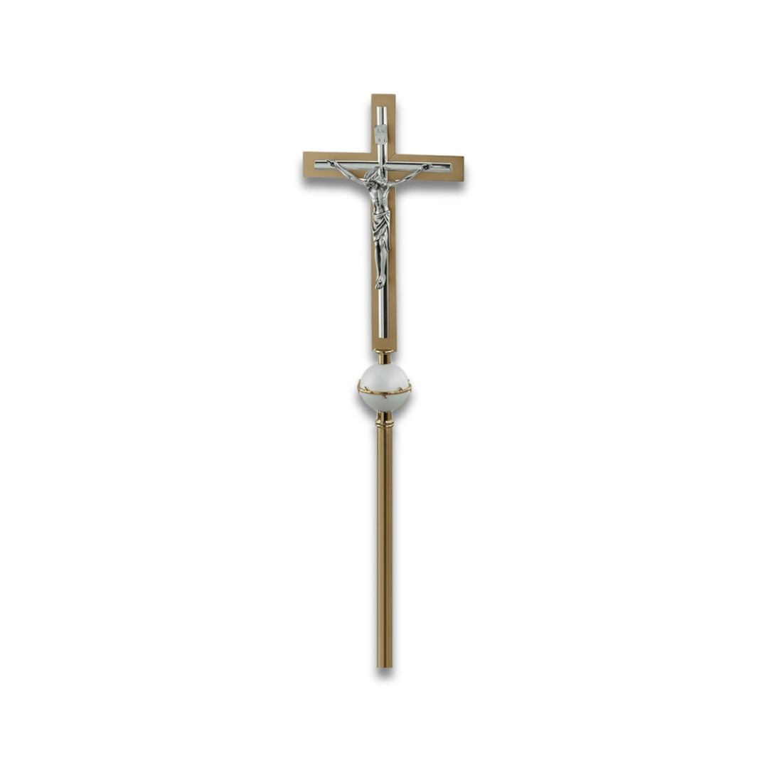 Processional Cross with pole modern style two tone finish. Made in Italy and sold by The Clergy Store