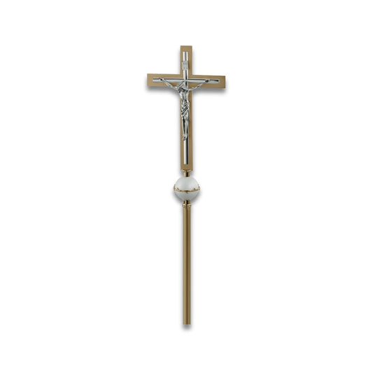 Processional Cross with pole modern style two tone finish. Made in Italy and sold by The Clergy Store