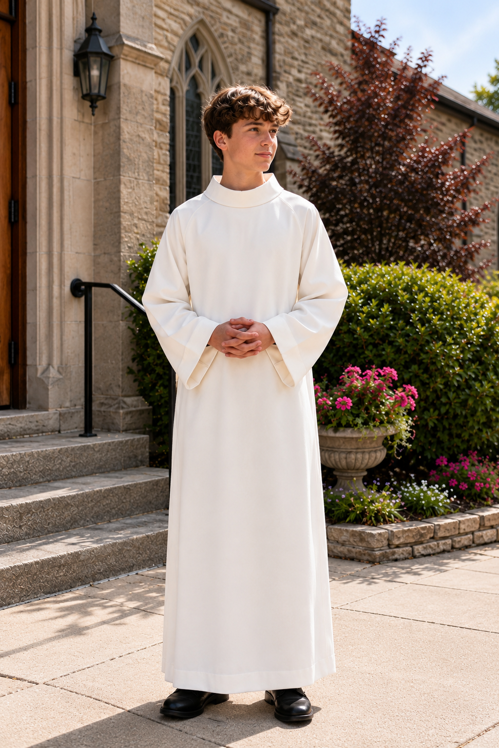 Altar server alb slip over style with roll collar for teens. 