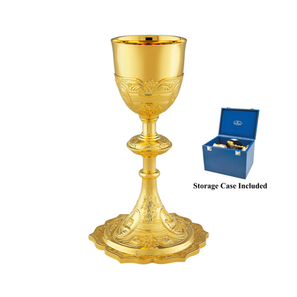 Gold goblet with intricate designs accompanied by a blue storage case.