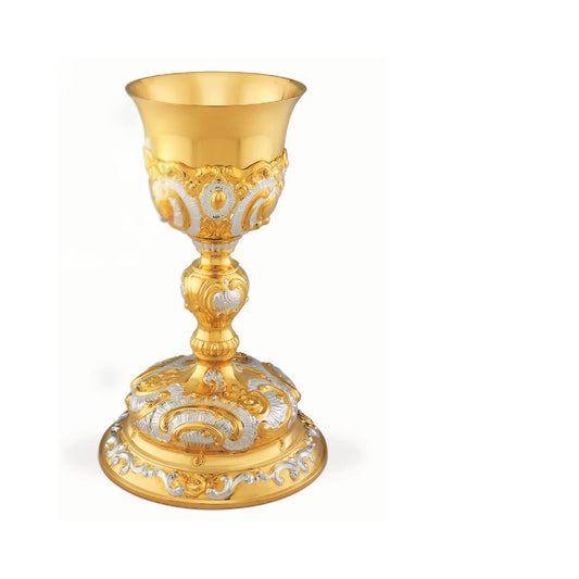 Chalice & Paten in baroque style. 9" height, Made in Poland and sold by The Clergy Store