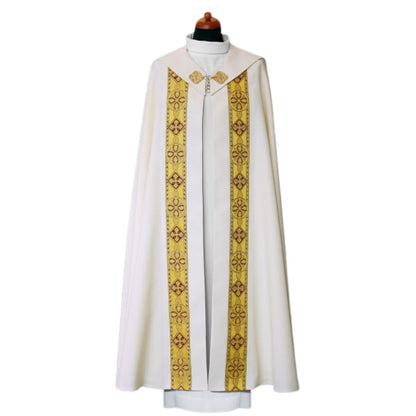 Cope with brocade bands and IHS embroidery made in Poland and sold by The Clergy Store