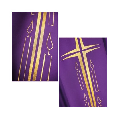 Advent chasuble with cross and candles and roll collar. Made in Italy and Sold by The Clergy Store