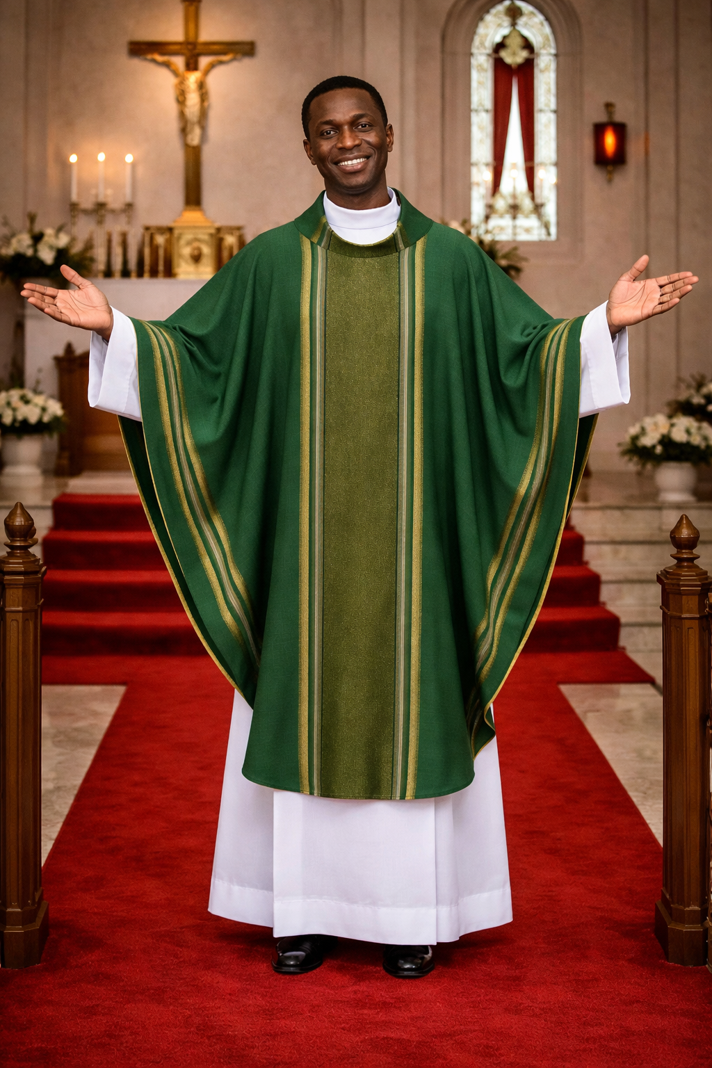 Priest in green and white vestments standing in a church with red carpet and stained glass window.