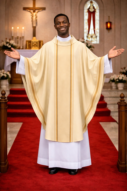 Priest in a church wearing a white and gold robe with arms outstretched.