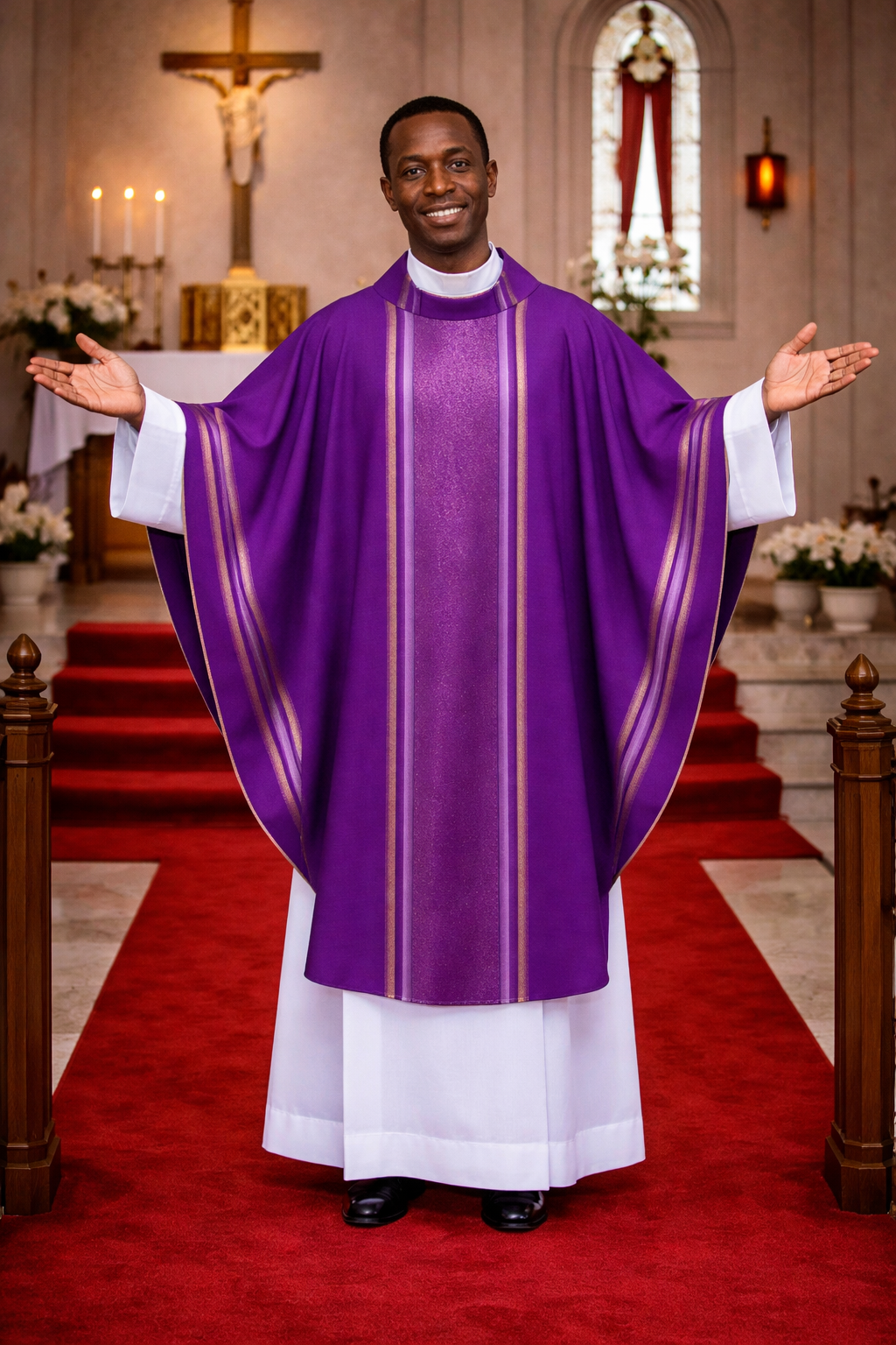Priest in purple vestment standing in a church with altar and cross in the background