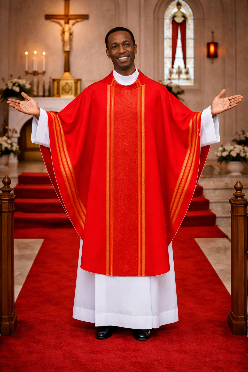 Priest in red and white liturgical vestments standing in a church with stained glass windows and altar.