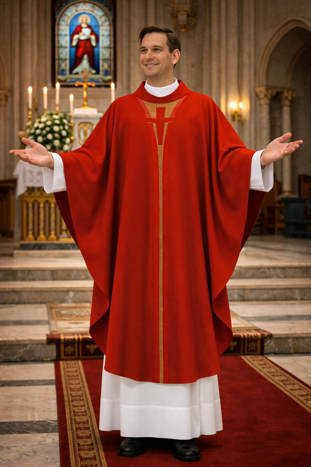 Priest in red liturgical vestment standing in a church with stained glass window in the background
