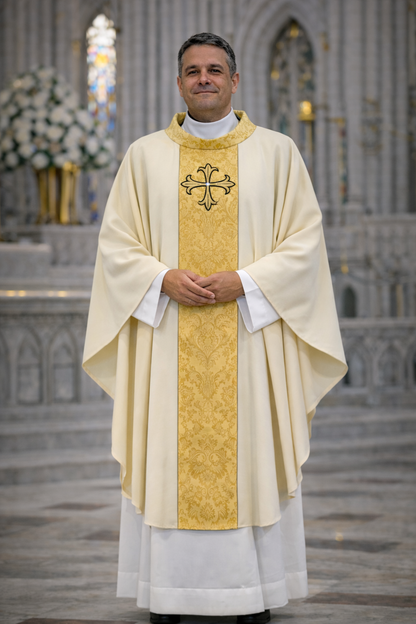 Chasubles made of a light and modern fabric decorated with panels and a collar made of a beautiful Italian brocade, convex embroidery of a cross with a stone (100% polyester)
