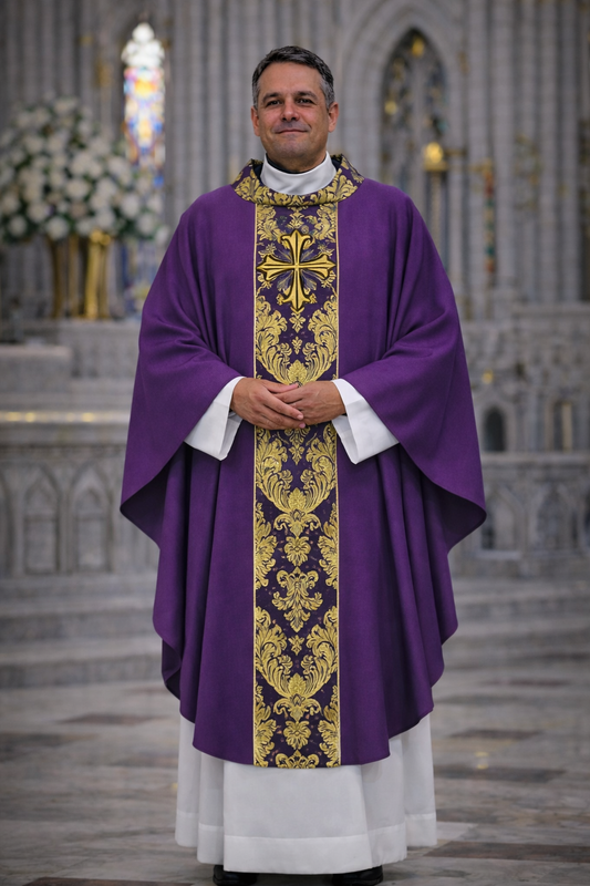 Chasubles made of a light and modern fabric decorated with panels and a collar made of a beautiful Italian brocade, convex embroidery of a cross with a stone (100% polyester)