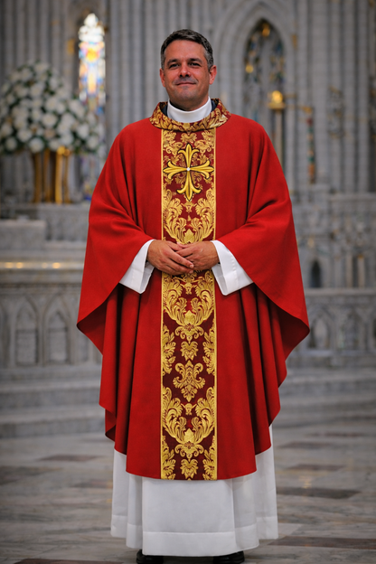 Chasubles made of a light and modern fabric decorated with panels and a collar made of a beautiful Italian brocade, convex embroidery of a cross with a stone (100% polyester)