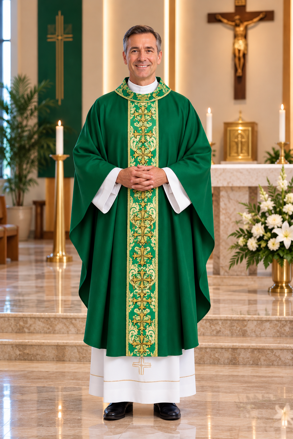 Chasuble with crosses on Italian brocade. Made in Poland and sold by The Clergy Store