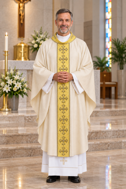 Chasuble with crosses on Italian brocade. Made in Poland and sold by The Clergy Store