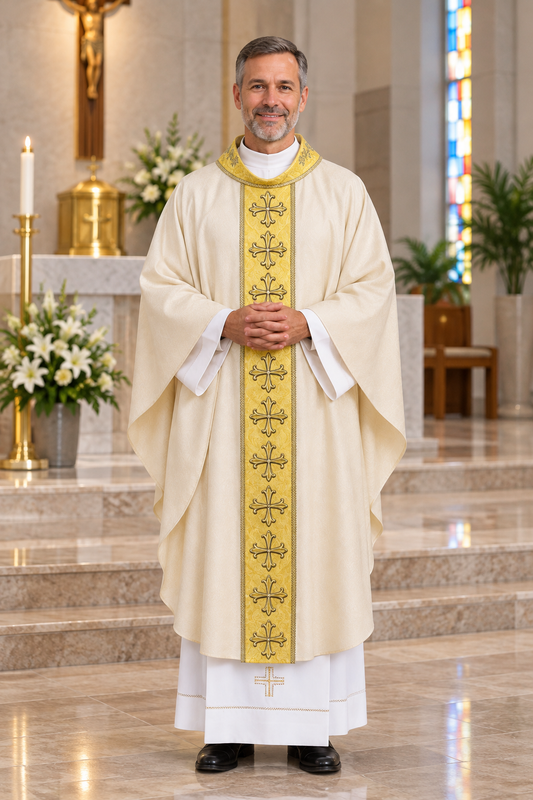 Chasuble with crosses on Italian brocade. Made in Poland and sold by The Clergy Store