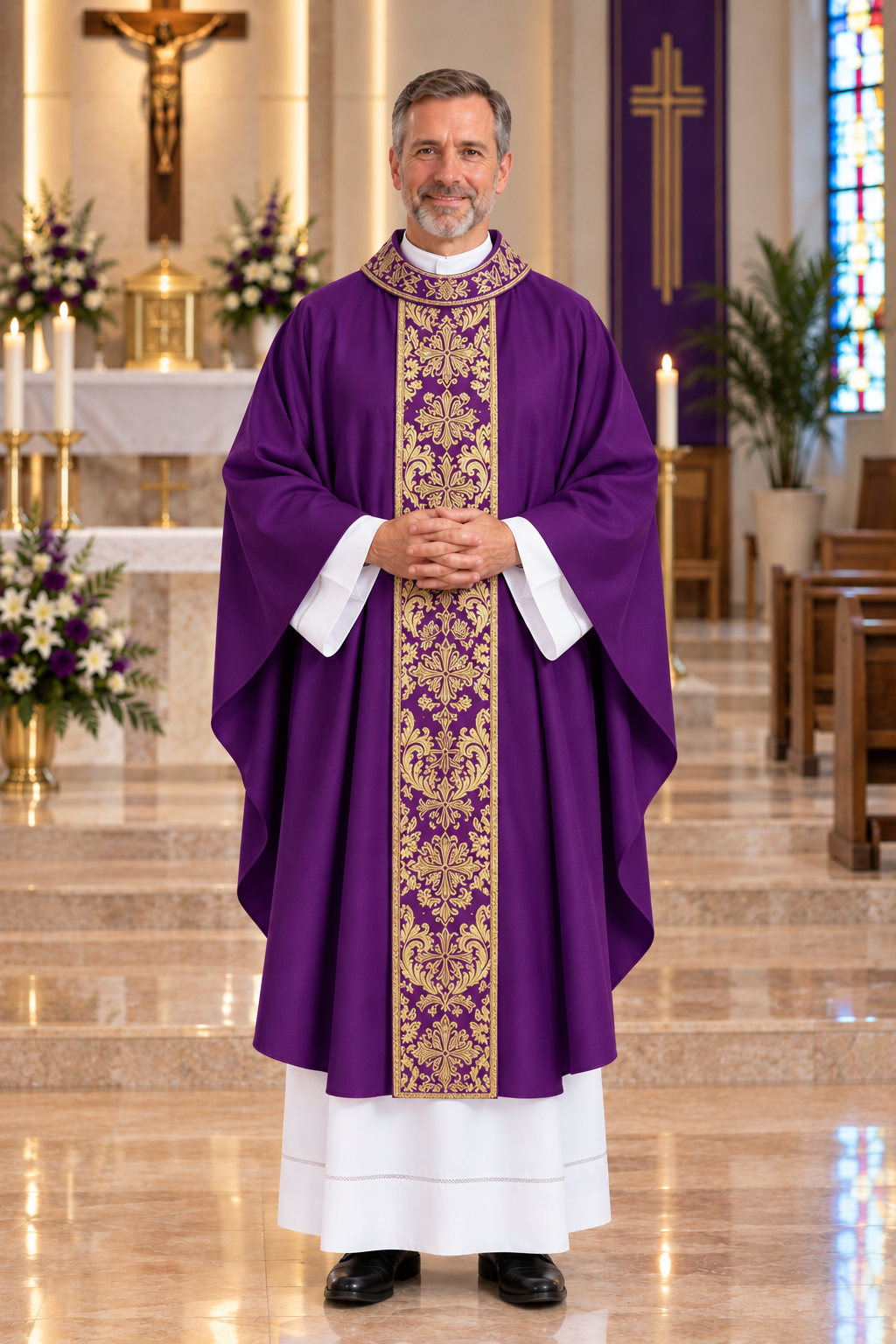 A man wearing a purple and gold embroidered priest's vestment stands in a church nave with a polished marble floor, altar, and stained glass windows in the background.