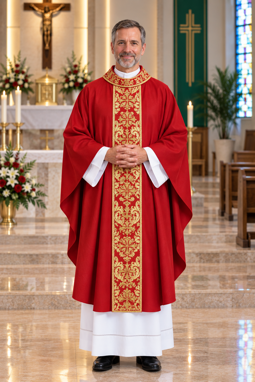 A man wearing a red and gold embroidered liturgical vestment with white underlayers stands in a church interior.