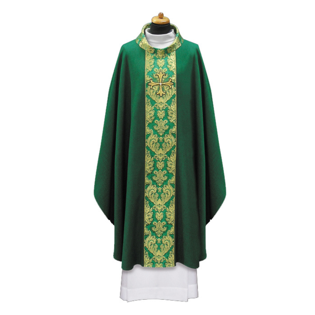 Chasuble with brocade orphrey and embroidered cross with gem stone green 2-133