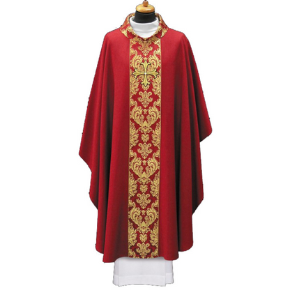 Chasuble with brocade orphrey and embroidered cross with gem stone red 2-133