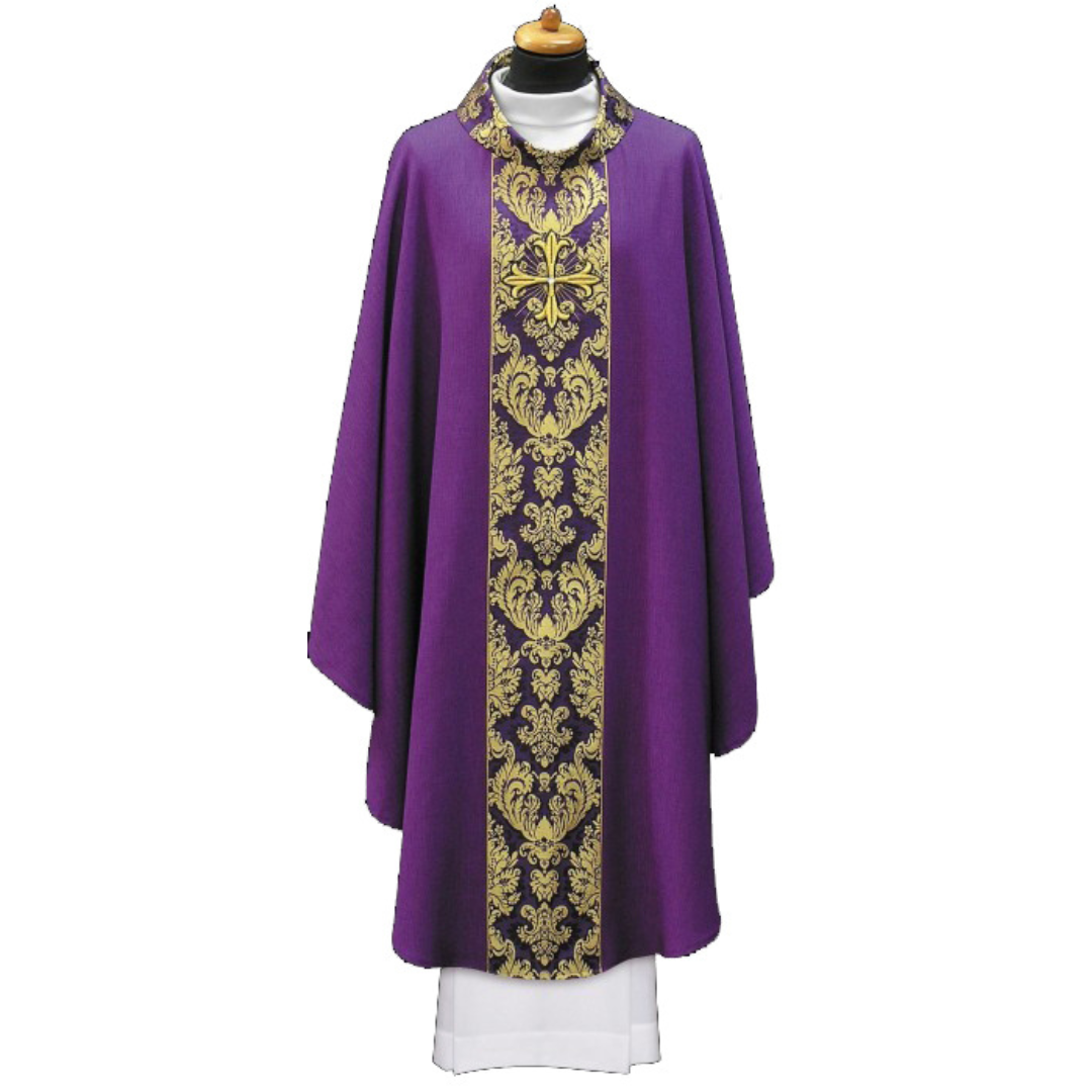 Chasuble with brocade orphrey and embroidered cross with gem stone purple 2-133