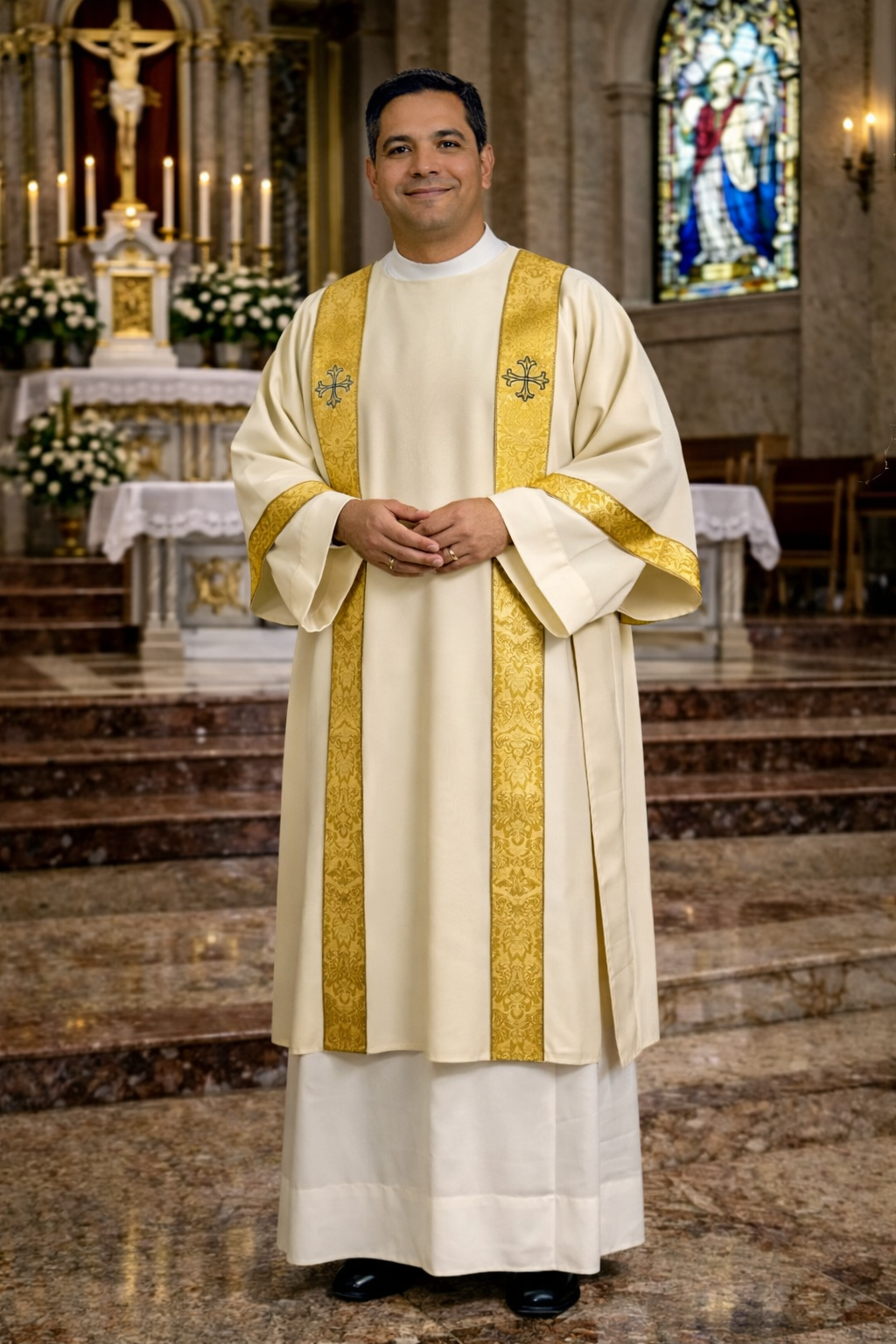 Deacon in liturgical vestments standing in a church with stained glass window in the background