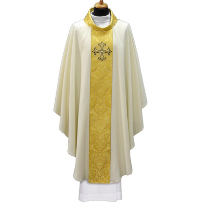 Chasuble with brocade orphrey and embroidered cross with gem stone off-white 2-133