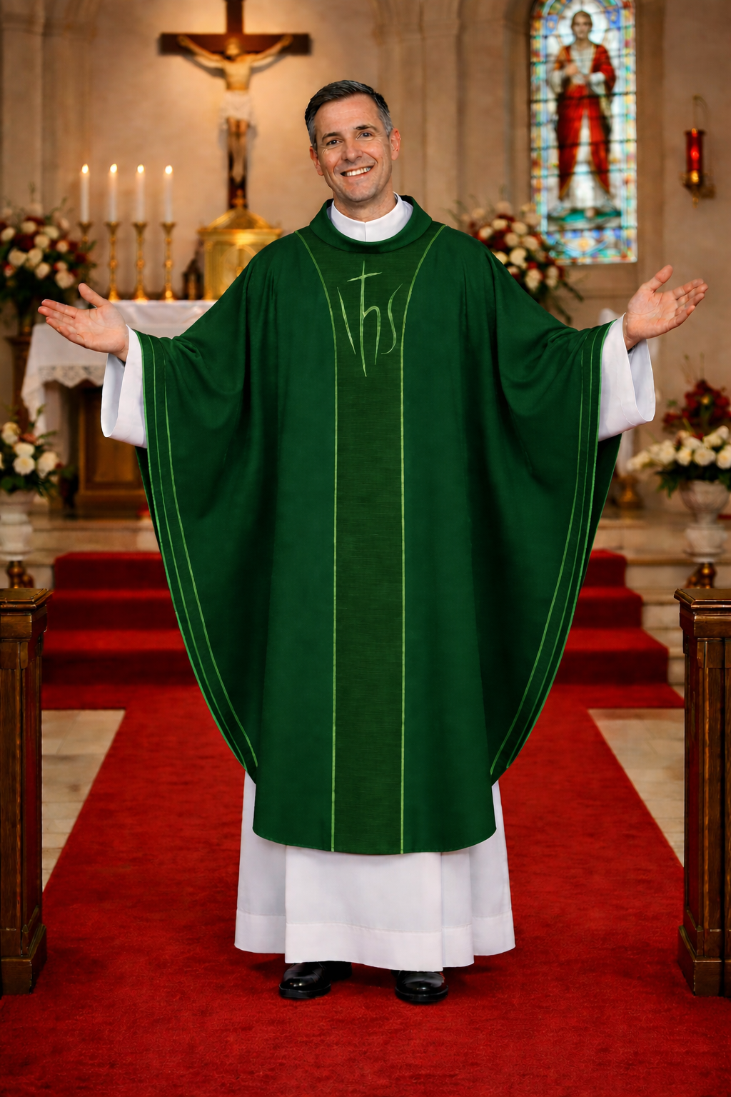 Priest in a green and white robe standing in a church with stained glass window in the background