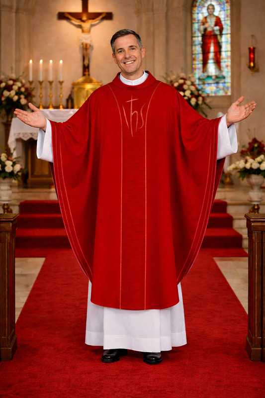 Priest in red liturgical vestment standing in a church with stained glass window in the background