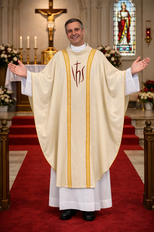 Priest in liturgical vestments standing in a church with a crucifix and stained glass window in the background.