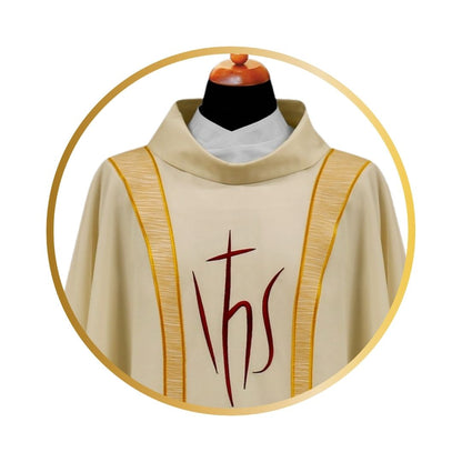 Liturgical chasuble with IHS embroidery on poly wool.