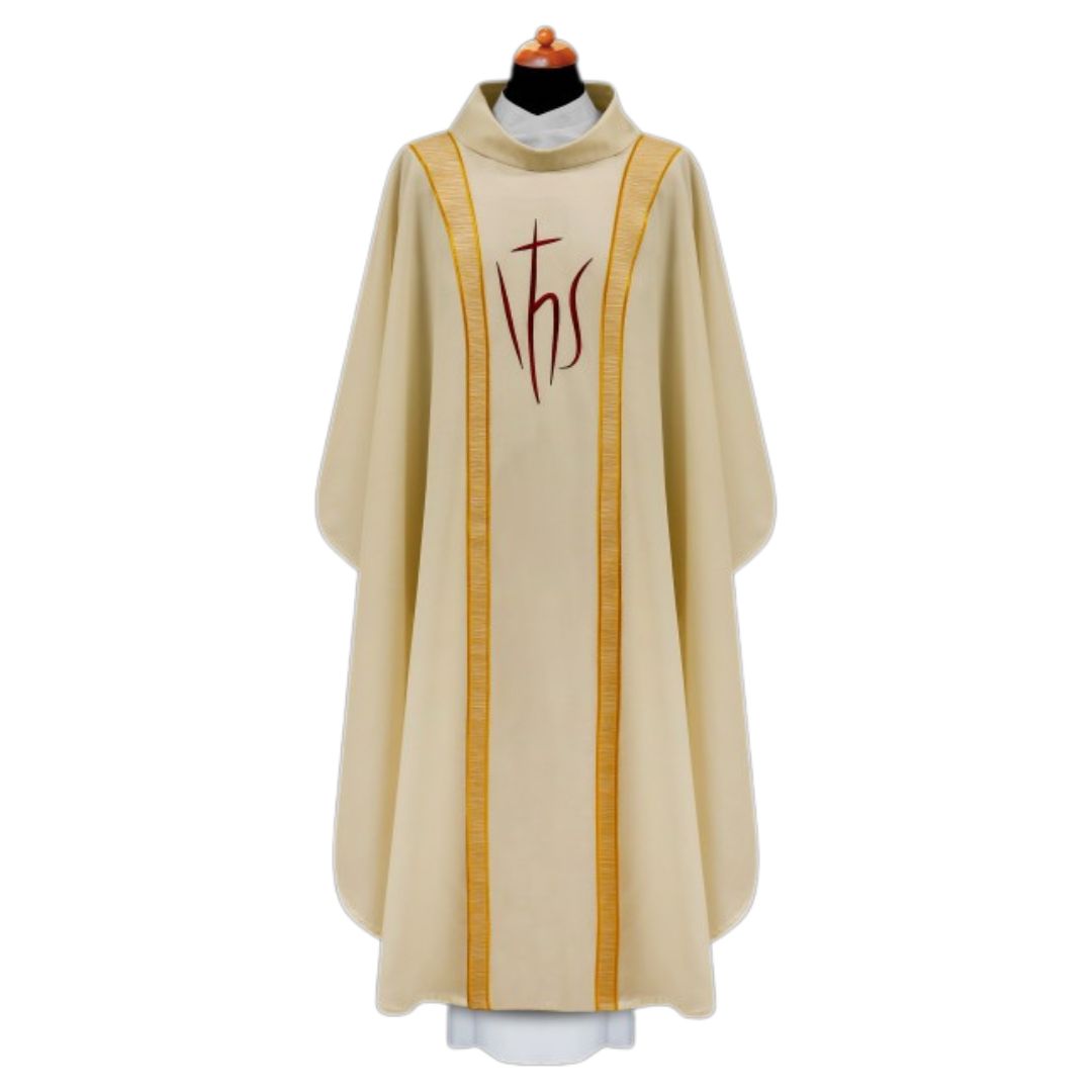 Liturgical chasuble with IHS embroidery on poly wool.