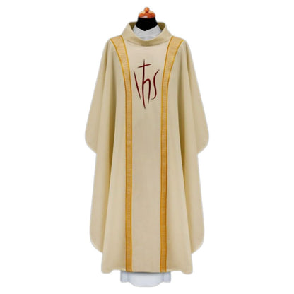 Liturgical chasuble with IHS embroidery on poly wool.