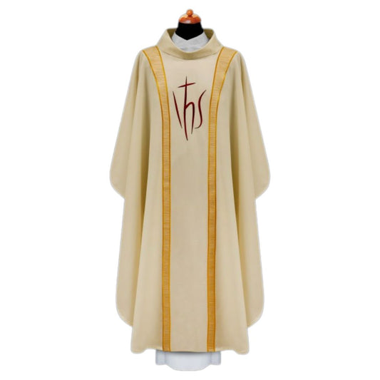 Liturgical chasuble with IHS embroidery on poly wool.