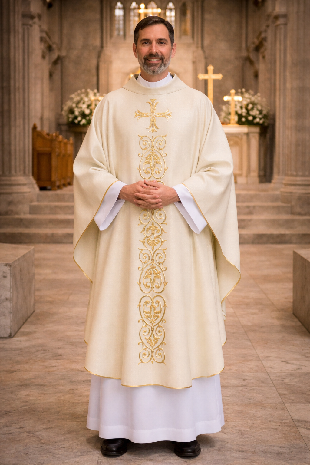 Priest in a white robe with gold embroidery in a cathedral setting