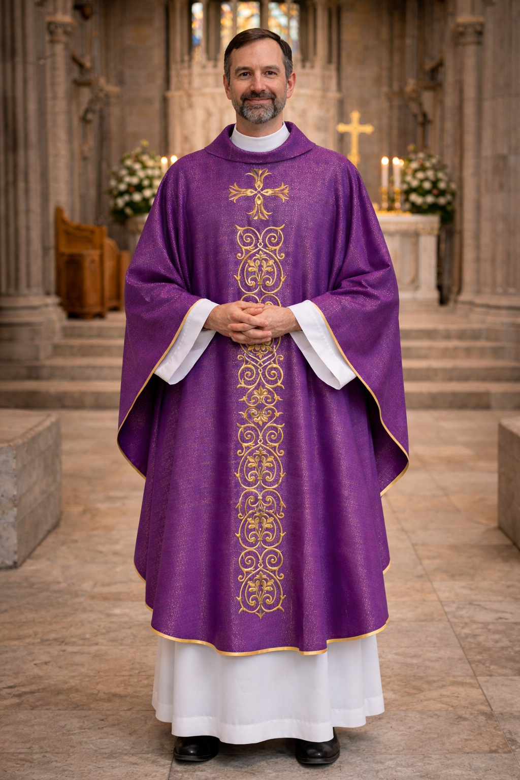 Priest in a purple vestment with gold embroidery in a church setting
