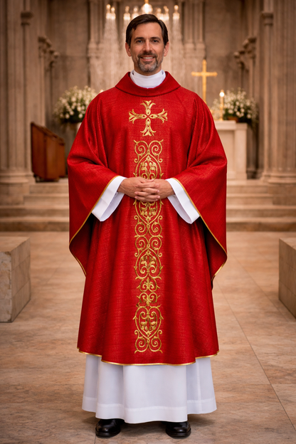 Priest in red liturgical vestment with gold embroidery in a church setting