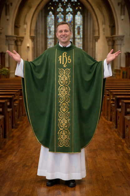 Priest in a green and white robe with 'IHS' symbol in a church setting