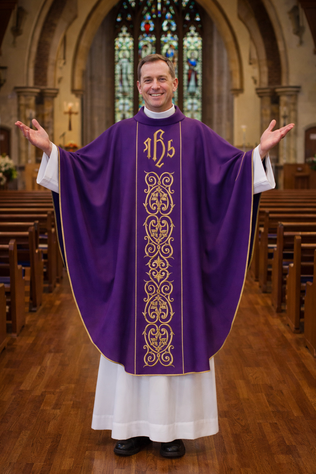 Priest in purple vestment with gold embroidery in a church setting