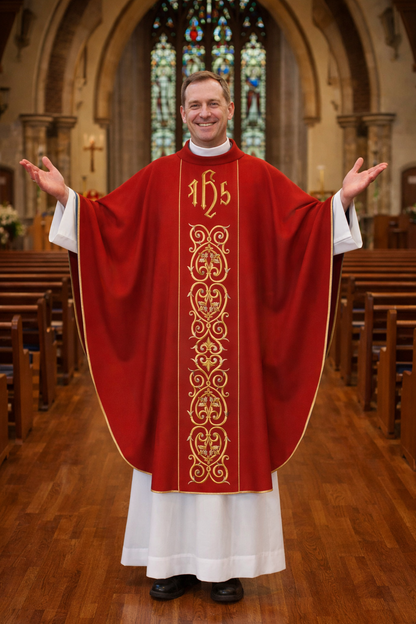 Priest in red liturgical vestment with gold embroidery in a church setting