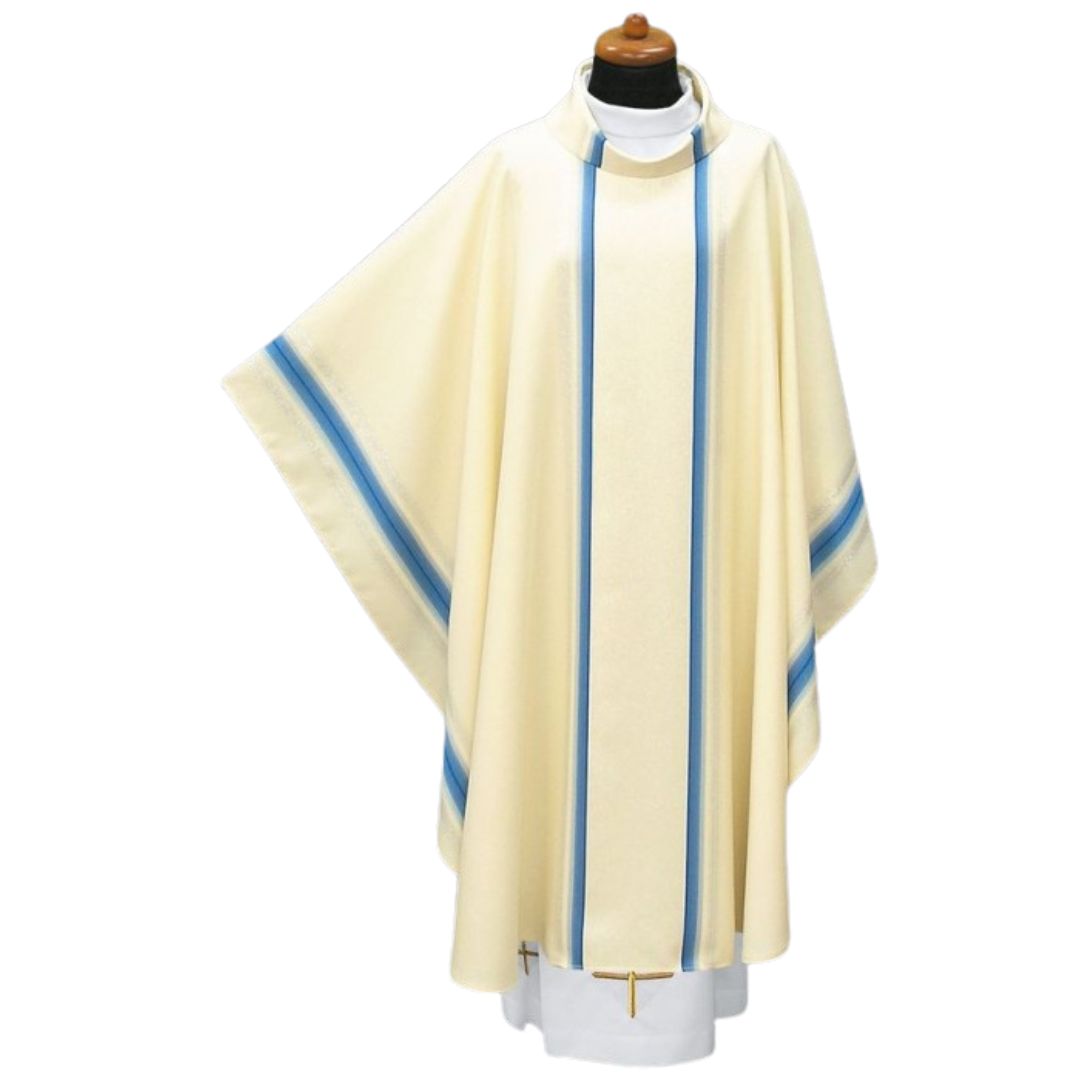 Marian chasuble with blue stripe and silver lurex in a monastic style