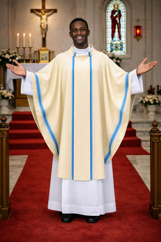 Priest in a white and blue robe standing in a church with a red carpet and stained glass window.