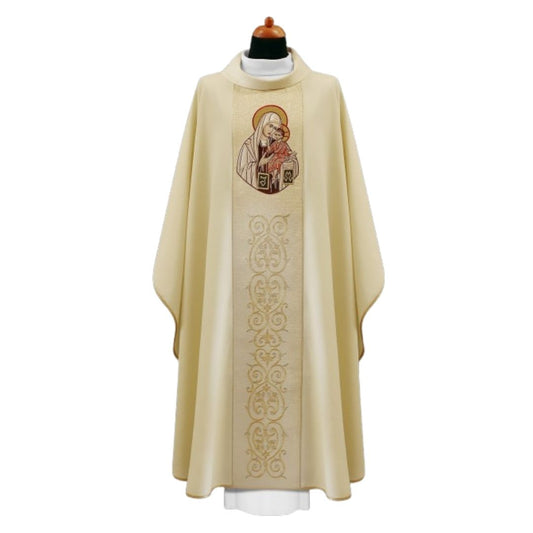Our Lady of Mount Carmel chasuble with richly embroidered baroque design. 
