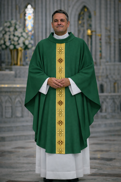An elegant chasuble made of lightweight fabric and adorned with intricate gold braid. Perfect for clergy during ceremonies and services. A simple and lightweight chasuble, practical for use with an included inner stole.
