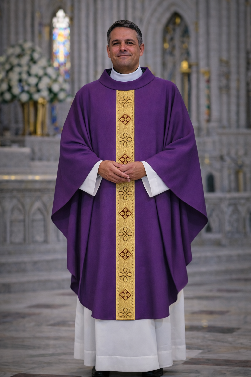 An elegant chasuble made of lightweight fabric and adorned with intricate gold braid. Perfect for clergy during ceremonies and services. A simple and lightweight chasuble, practical for use with an included inner stole.