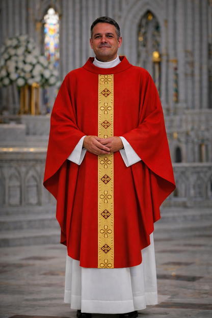 An elegant chasuble made of lightweight fabric and adorned with intricate gold braid. Perfect for clergy during ceremonies and services. A simple and lightweight chasuble, practical for use with an included inner stole.