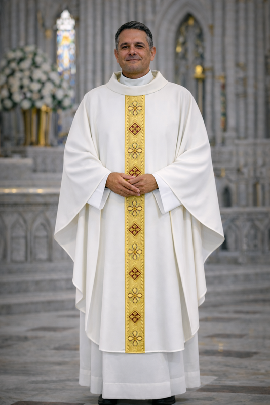 An elegant chasuble made of lightweight fabric and adorned with intricate gold braid. Perfect for clergy during ceremonies and services. A simple and lightweight chasuble, practical for use with an included inner stole.