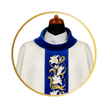 Marian chasuble with embroidered Lilly's on blue velvet orphrey.